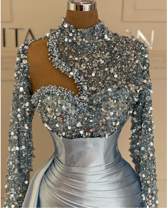 Sexy Sky Blue Mermaid Evening Dresses Sequins High Neck Long Sleeves Formal Party Prom Dress Pleats Dresses for special occasion