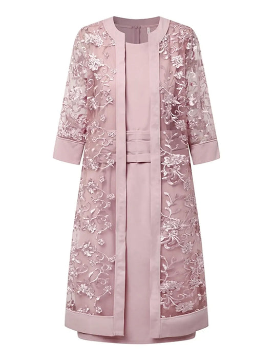 2-piece tight fitting/cylindrical round long sleeved chiffon bridal gown