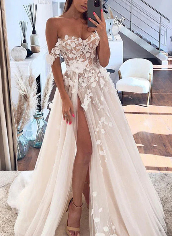 A-Line Off-The-Shoulder Vintage Lace/Tulle Wedding Dresses With Split Front