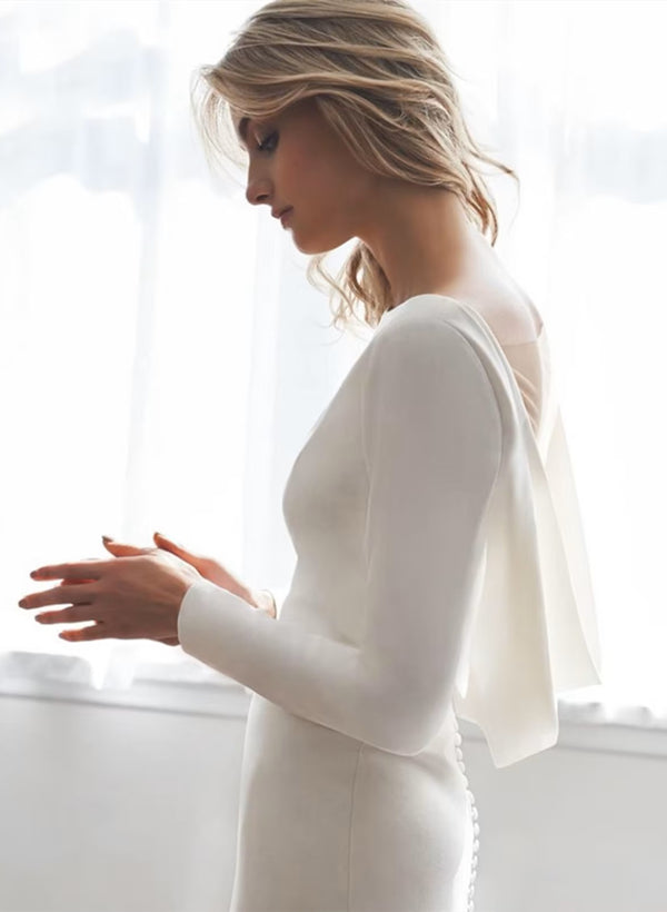 Cowl Back Elegant Long Sleeves Wedding Dresses With Mermaid Elastic Satin