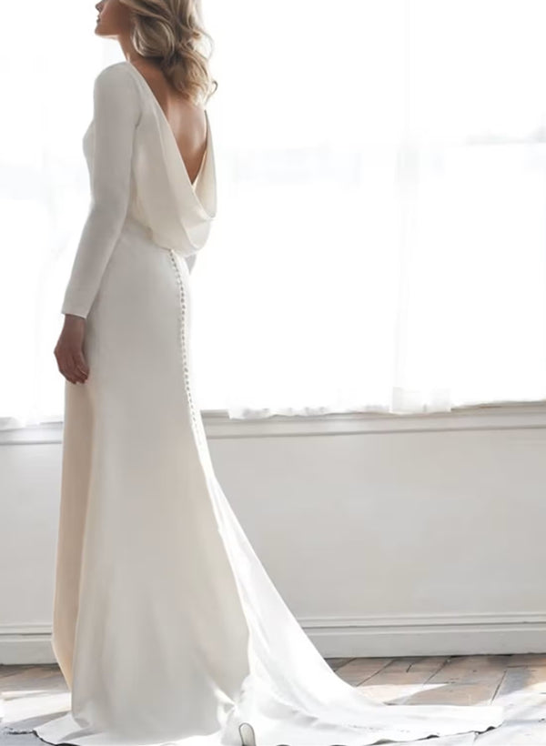Cowl Back Elegant Long Sleeves Wedding Dresses With Mermaid Elastic Satin