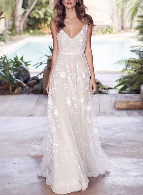A-Line/Princess V Neck Tulle Lace Sweep Train Wedding Dresses With Appliques Lace
