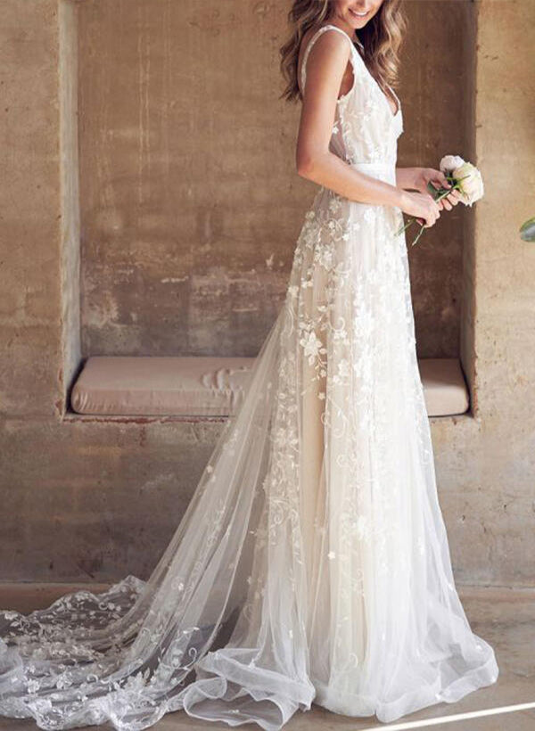 A-Line/Princess V Neck Tulle Lace Sweep Train Wedding Dresses With Appliques Lace