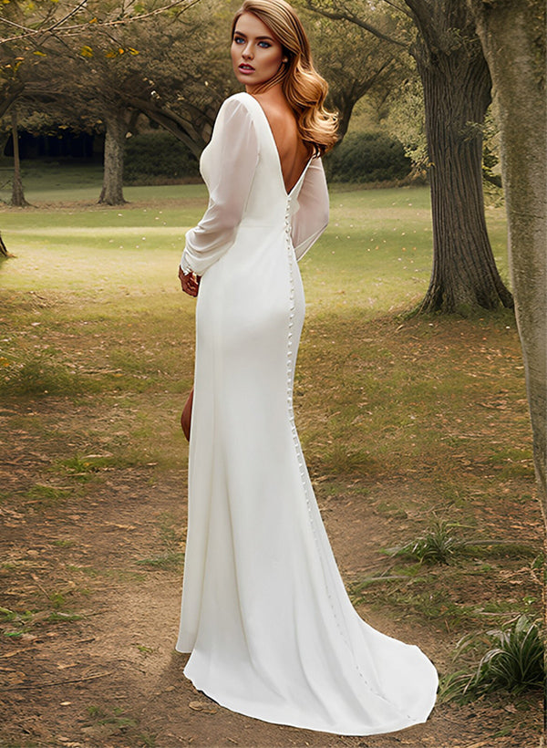 Classic Long Lantern Sleeves V-Neck Ruched Chiffon Wedding Dress With Split Front