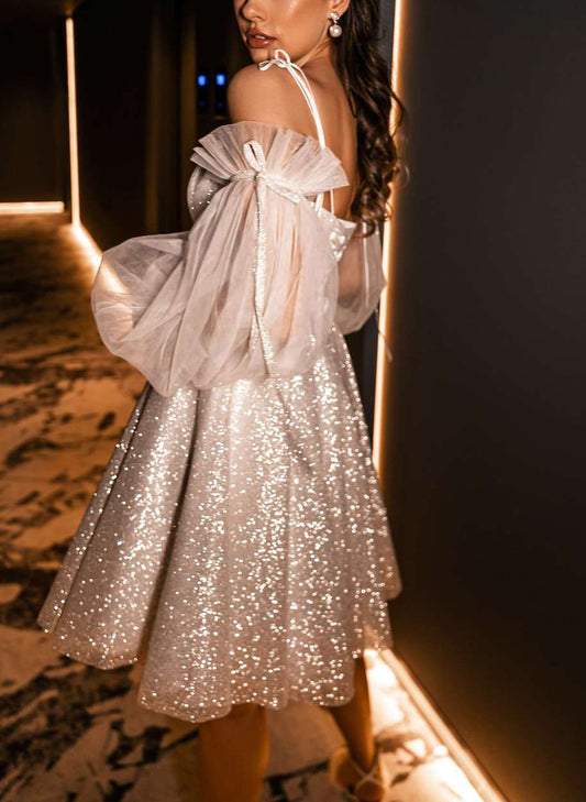 Sequined Detachable Long Sleeves Short Wedding Dresses