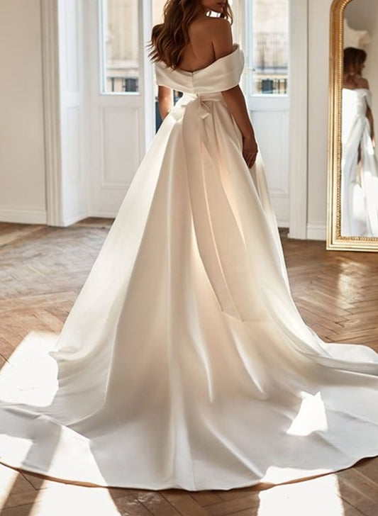 A-Line Off-The-Shoulder Sleeveless Satin Court Train Wedding Dress
