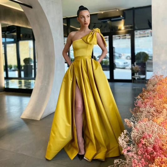 Ball-Gown One-Shoulder Sleeveless Satin Floor-Length Prom Dress With Bow