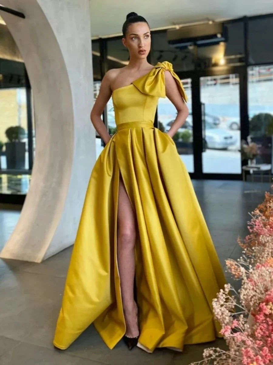 Ball-Gown One-Shoulder Sleeveless Satin Floor-Length Prom Dress With Bow