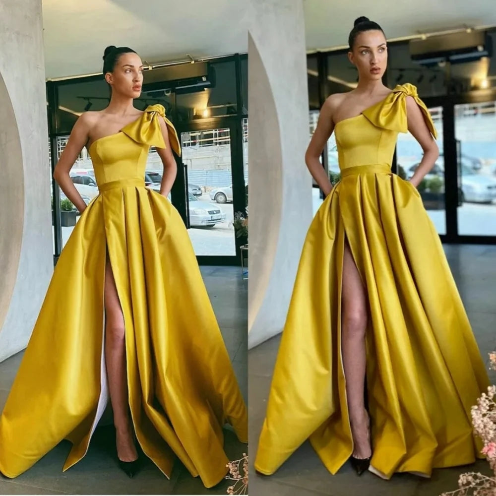 Ball-Gown One-Shoulder Sleeveless Satin Floor-Length Prom Dress With Bow