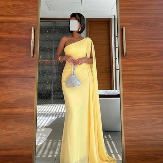 Unique Riched One-Shoulder Chiffon Prom Dresses With Shoulder Side Drape