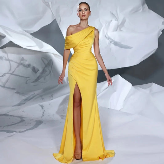 Asymmetrical Neck Matte Satin Sheath/Column Beading Prom Dresses