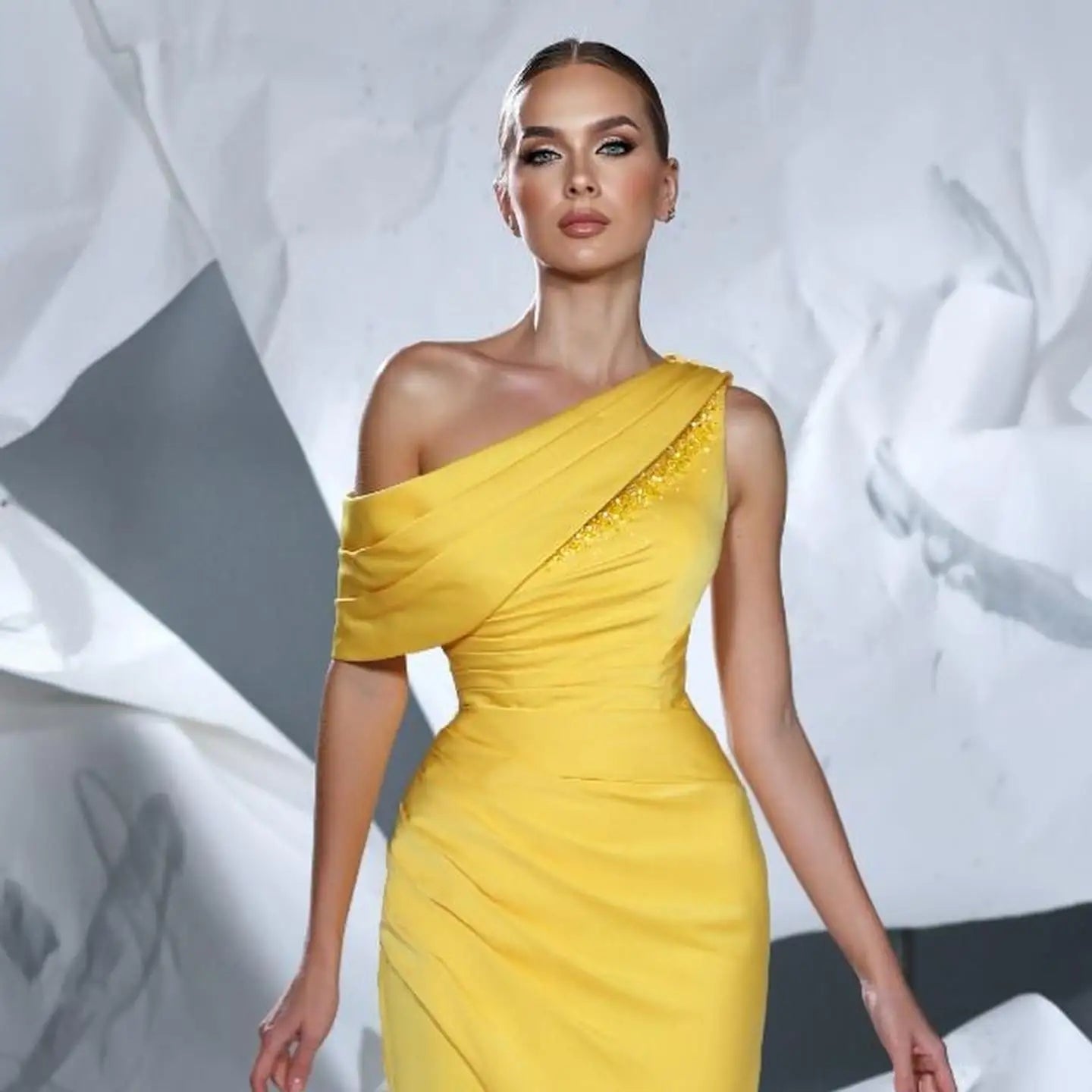 Asymmetrical Neck Matte Satin Sheath/Column Beading Prom Dresses