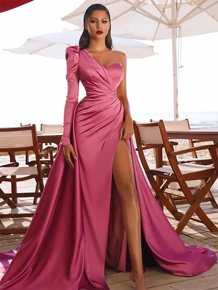 Sheath/Column One-Shoulder Long Sleeves Satin Evening Dress With High Split