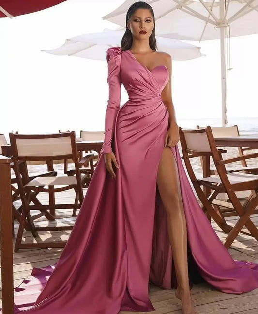 Sheath/Column One-Shoulder Long Sleeves Satin Evening Dress With High Split