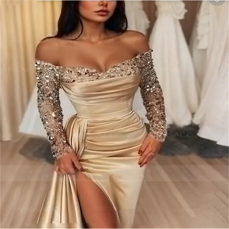 Sheath/Column Off-The-Shoulder Long Sleeves Satin Prom Dresses With High Split