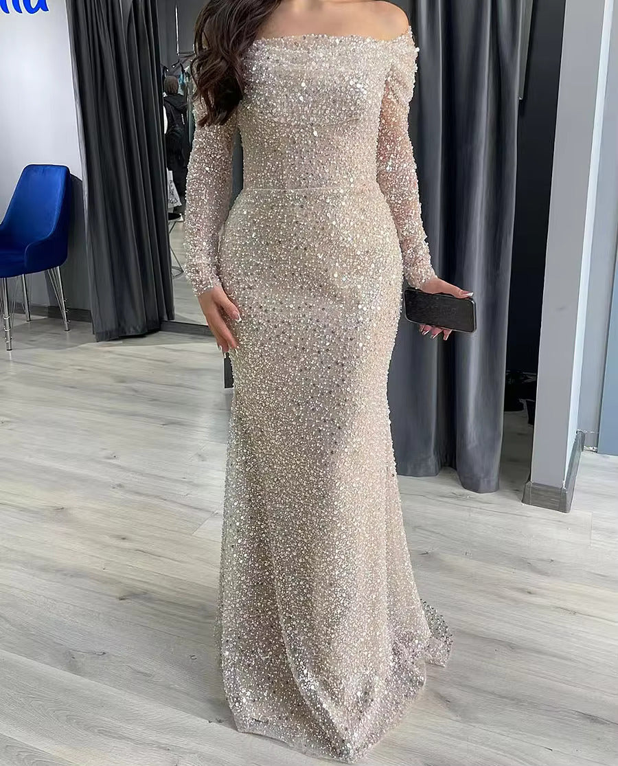Off-The-Shoulder Long Sleeves Sequined Prom Dresses