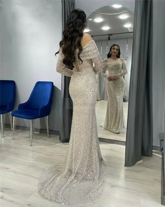 Off-The-Shoulder Long Sleeves Sequined Prom Dresses