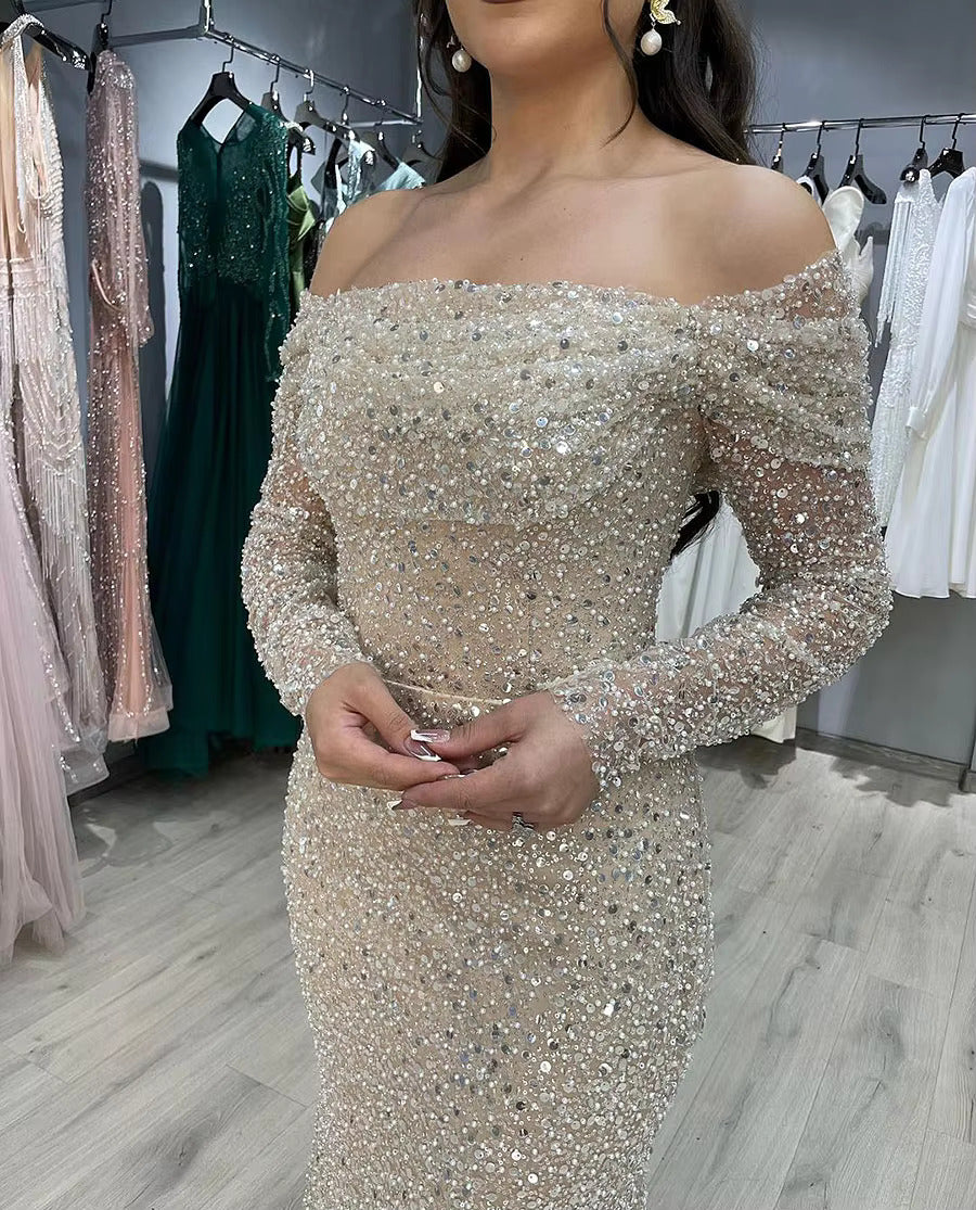 Off-The-Shoulder Long Sleeves Sequined Prom Dresses