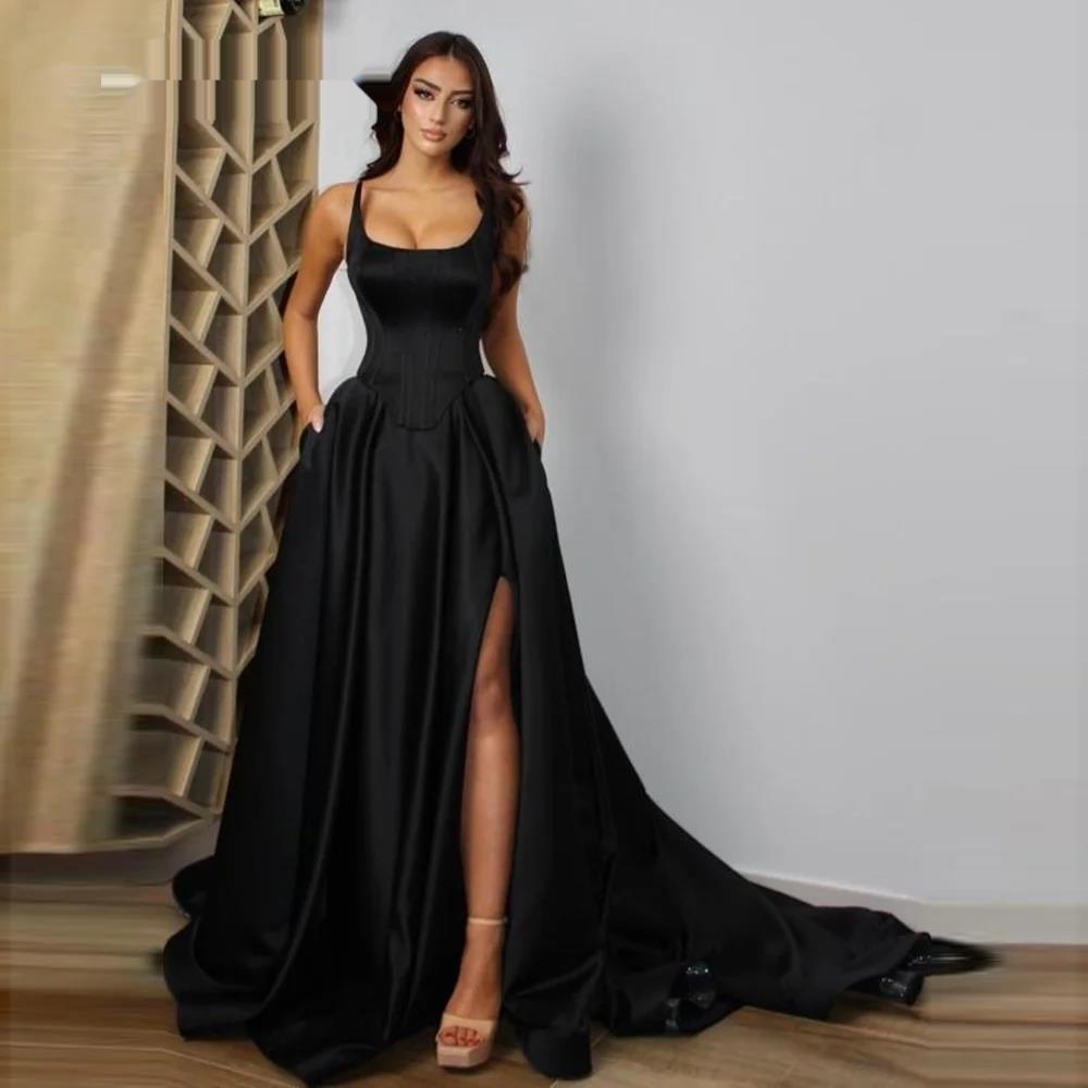 A-Line Square Neckline Sleeveless Satin Prom Dresses With Pockets