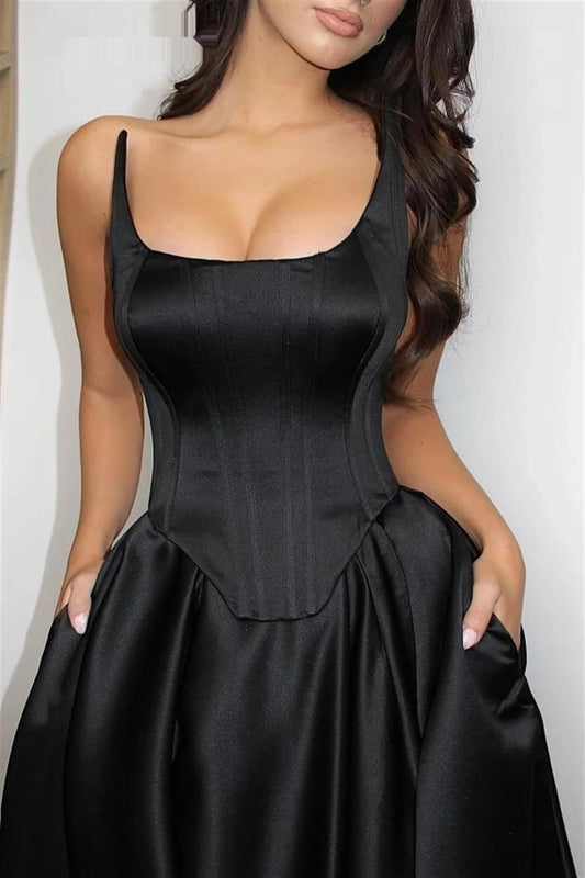 A-Line Square Neckline Sleeveless Satin Prom Dresses With Pockets