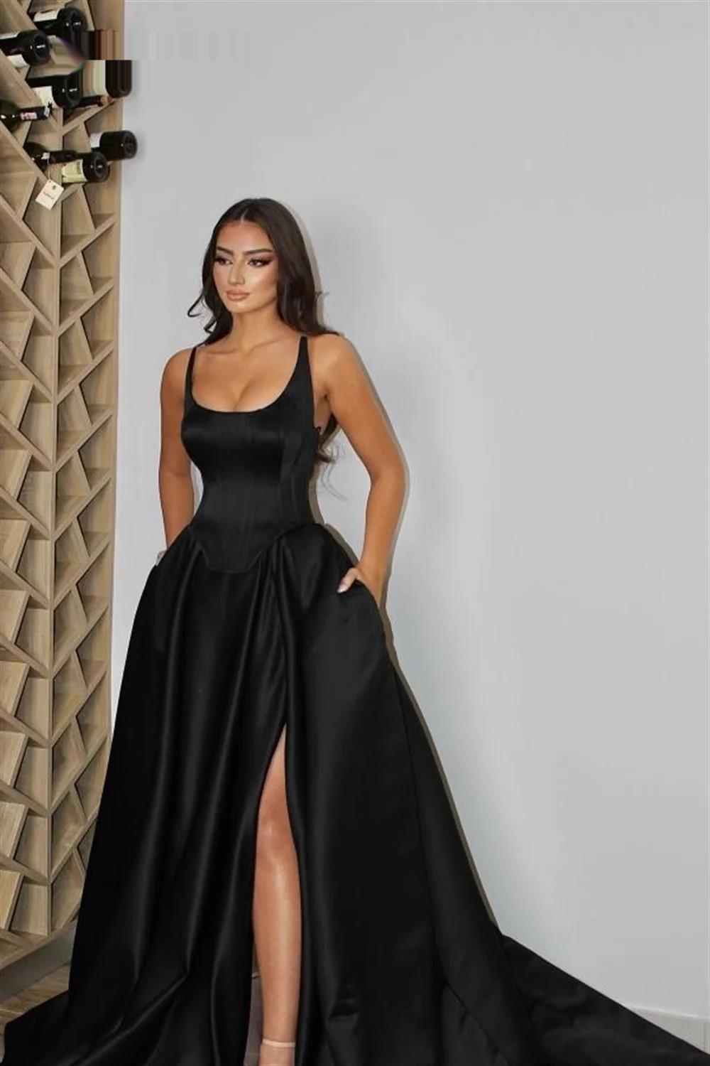 A-Line Square Neckline Sleeveless Satin Prom Dresses With Pockets