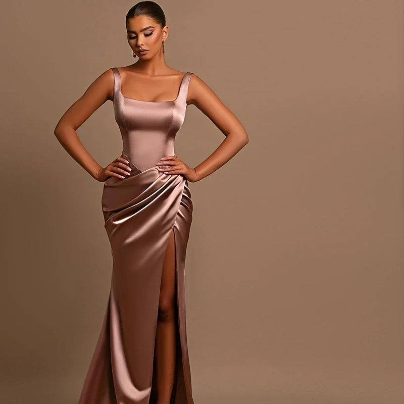 Sheath/Column Halter Charmeuse Prom Dresses With High Split #SPD11022