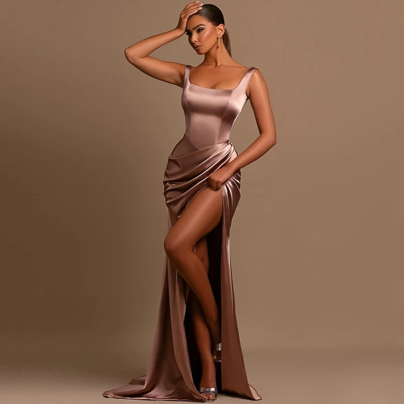 Sheath/Column Halter Charmeuse Prom Dresses With High Split #SPD11022