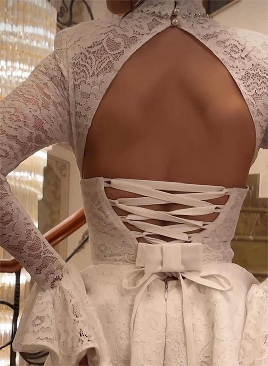 A-Line Long Sleeves Short/Mini Lace Cocktail Dresses With Bow(s)