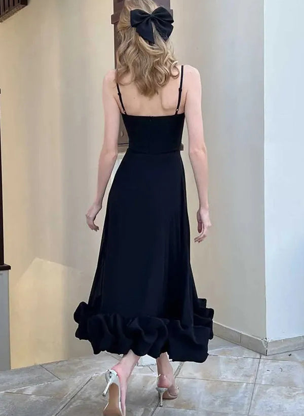 A-Line Square Neckline Sleeveless Tea-Length Elastic Satin Cocktail Dresses