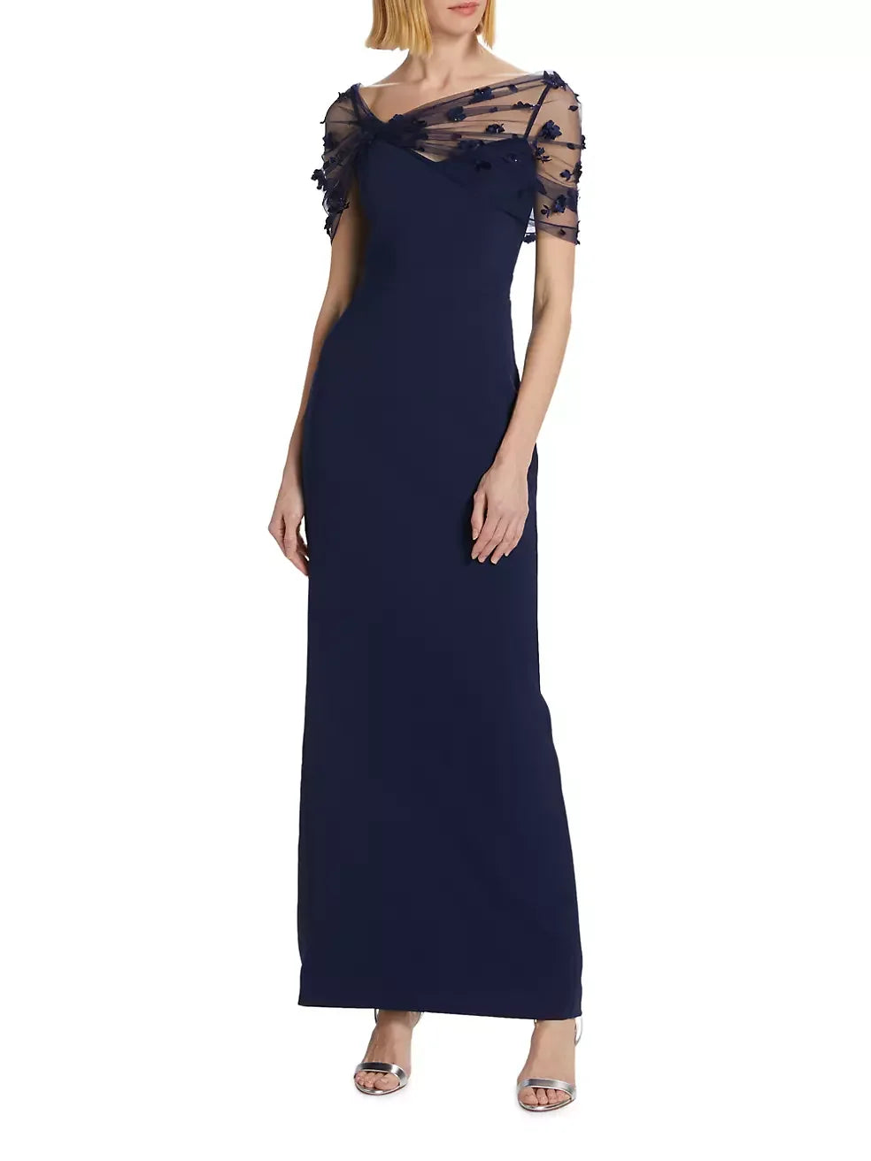 Sheath/Column Illusion Neck Short Sleeves Elastic Satin Cocktail Dresses With Lace