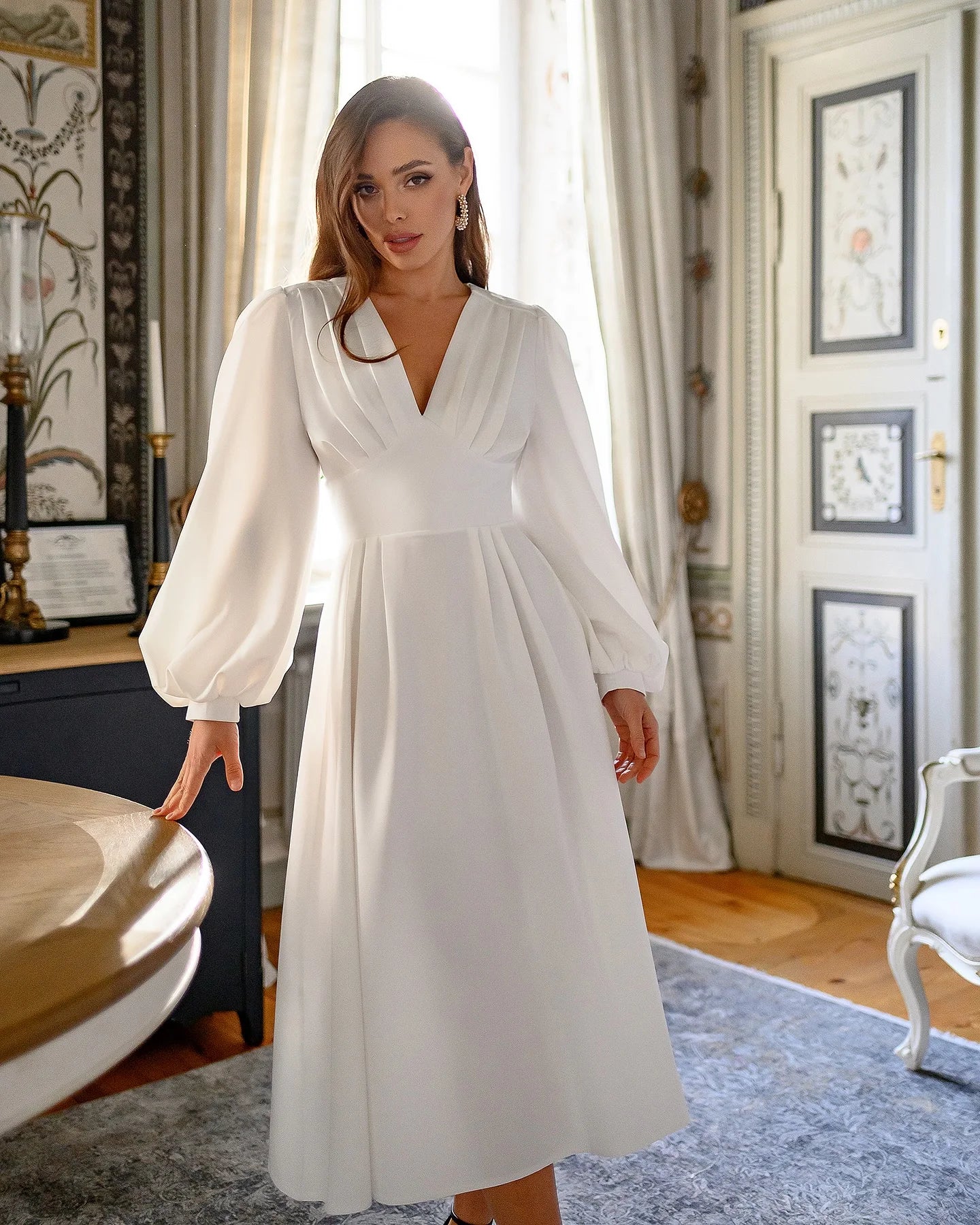 A-Line V-Neck 3/4 Sleeves Ankle-Length Cocktail Dresses
