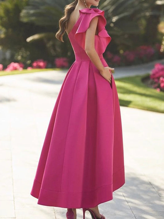 Elegant One-Shoulder With Ruffle Satin Cocktail Dresses With Pockets