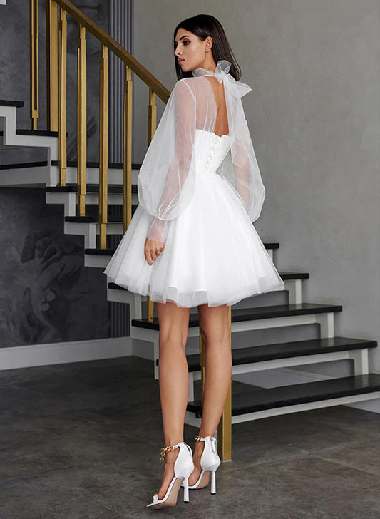 A-Line Illusion Neck Long Sleeves Short/Mini Tulle Homecoming Dresses