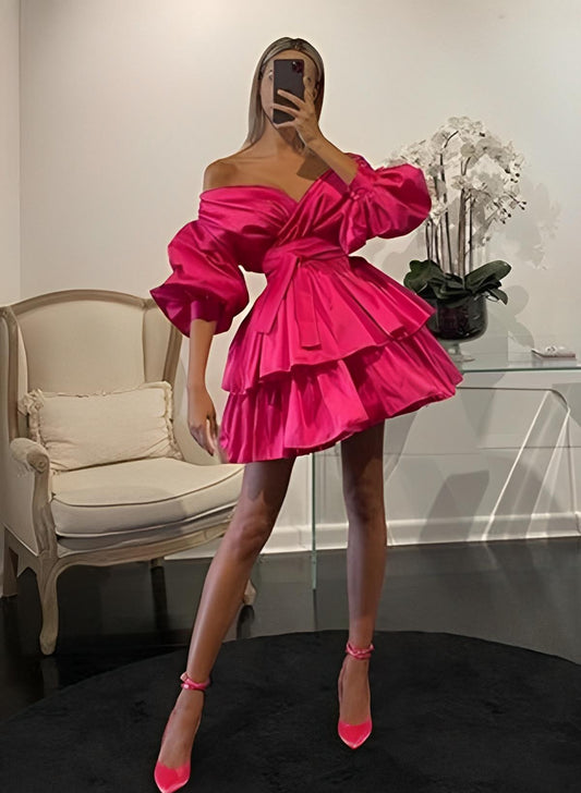 Hot Pink A-Line Off-The-Shoulder Short Sleeves Short/Mini Homecoming Dresses