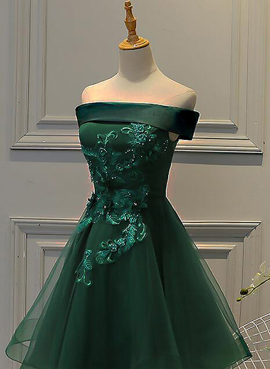 A-line Off-the-Shoulder short sleeves Tulle Satin Short/Mini Homecoming Dress With Appliques Lace Beading