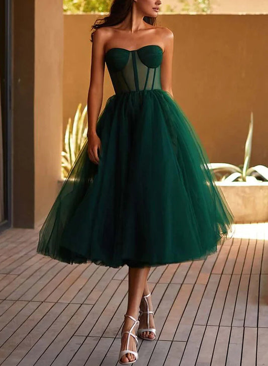 A-Line Sweetheart Sleeveless Tea-Length Tulle Homecoming Dresses