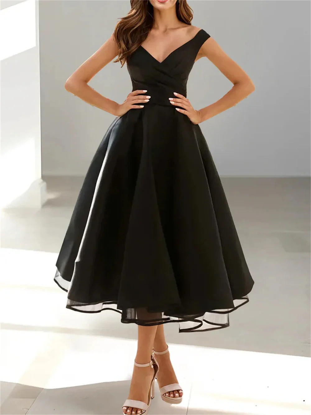 Simple Cap Shoulder A-Line Tea-Length Homecoming Dresses