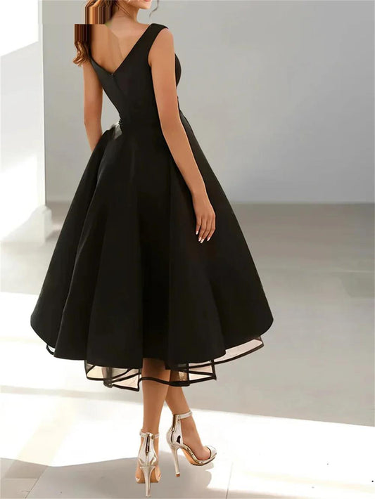 Simple Cap Shoulder A-Line Tea-Length Homecoming Dresses