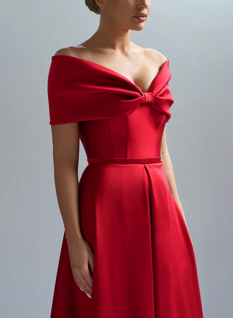 Modest A-Line Bow Accented Off-The-Shoulder Satin Evening Dresses