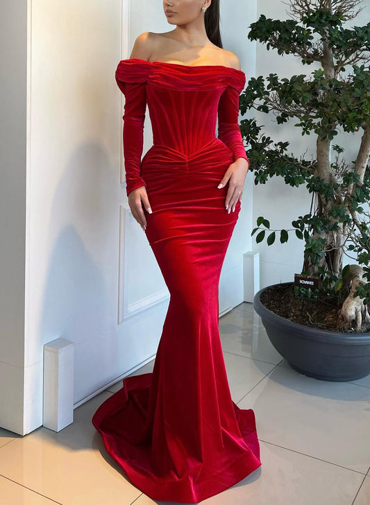 Velvet Off-The-Shoulder Long Sleeves Trumpet/Mermaid Evening Dresses