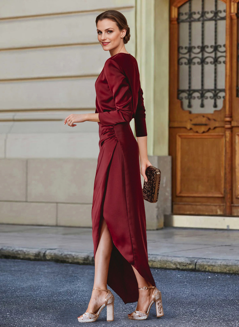 Elegant V-Neck Long Sleeves Asymmetrical Charmeuse Evening Dresses