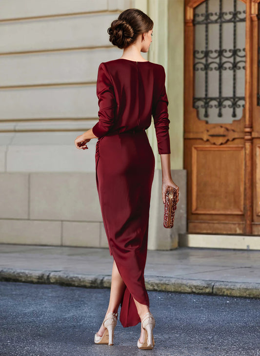 Elegant V-Neck Long Sleeves Asymmetrical Charmeuse Evening Dresses
