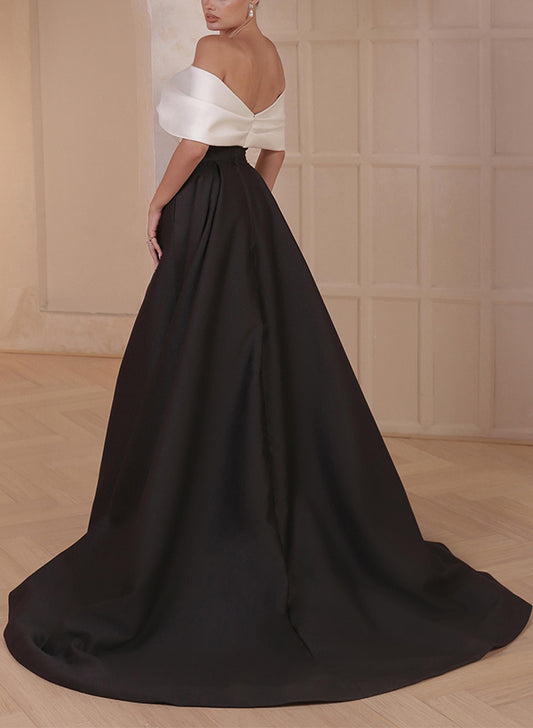 A-Line Off-The-Shoulder Sleeveless Sweep Train Satin Evening Dresses