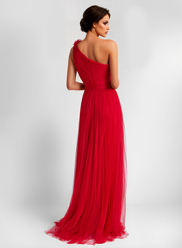 A-Line One-Shoulder Sleeveless Tulle Evening Dresses With Flower(s)