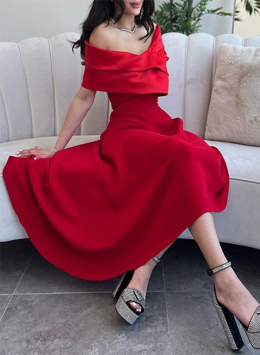 A-Line Off-The-Shoulder Sleeveless Asymmetrical Matte Satin(Non-Stretch) Evening Dresses