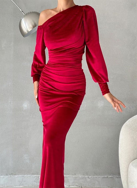 Velvet Asymmetrical Neck Long Sleeves Sheath/Column Evening Dresses