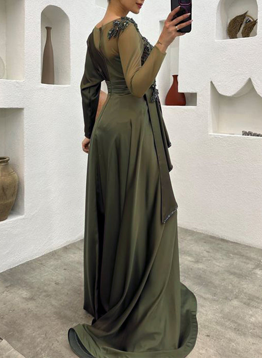 A-Line Illusion Neck Long Sleeves Evening Dresses With Ruffle/Lace/Rhinestone