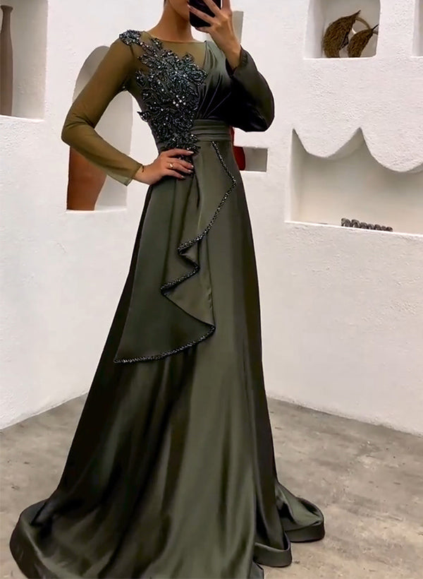 A-Line Illusion Neck Long Sleeves Evening Dresses With Ruffle/Lace/Rhinestone