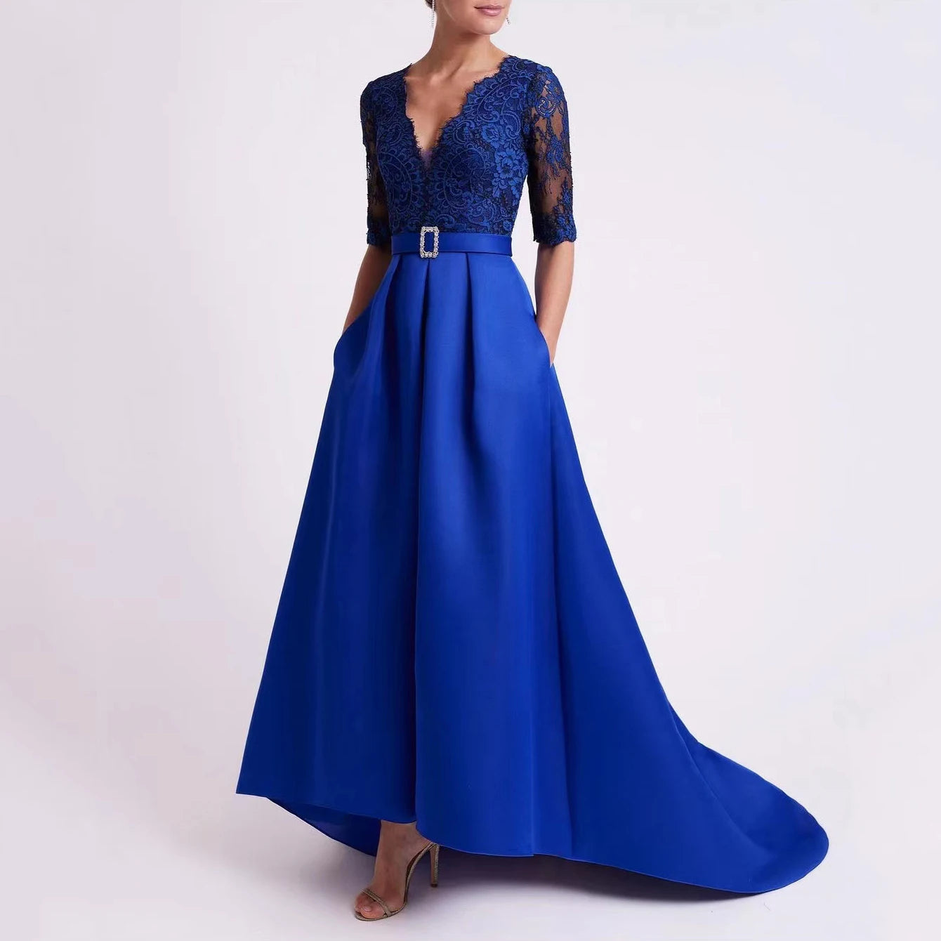 V Neck Long Satin Lace A Line Вечернее платье Elegant Robe Be Soirée Prom Party Dresses with Train