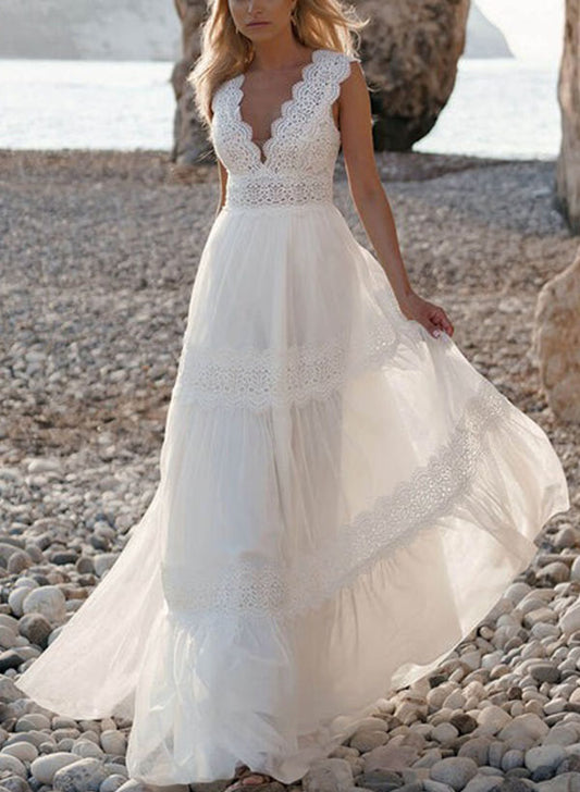 A-Line V-Neck Sleeveless Sweep Train Lace Wedding Dresses